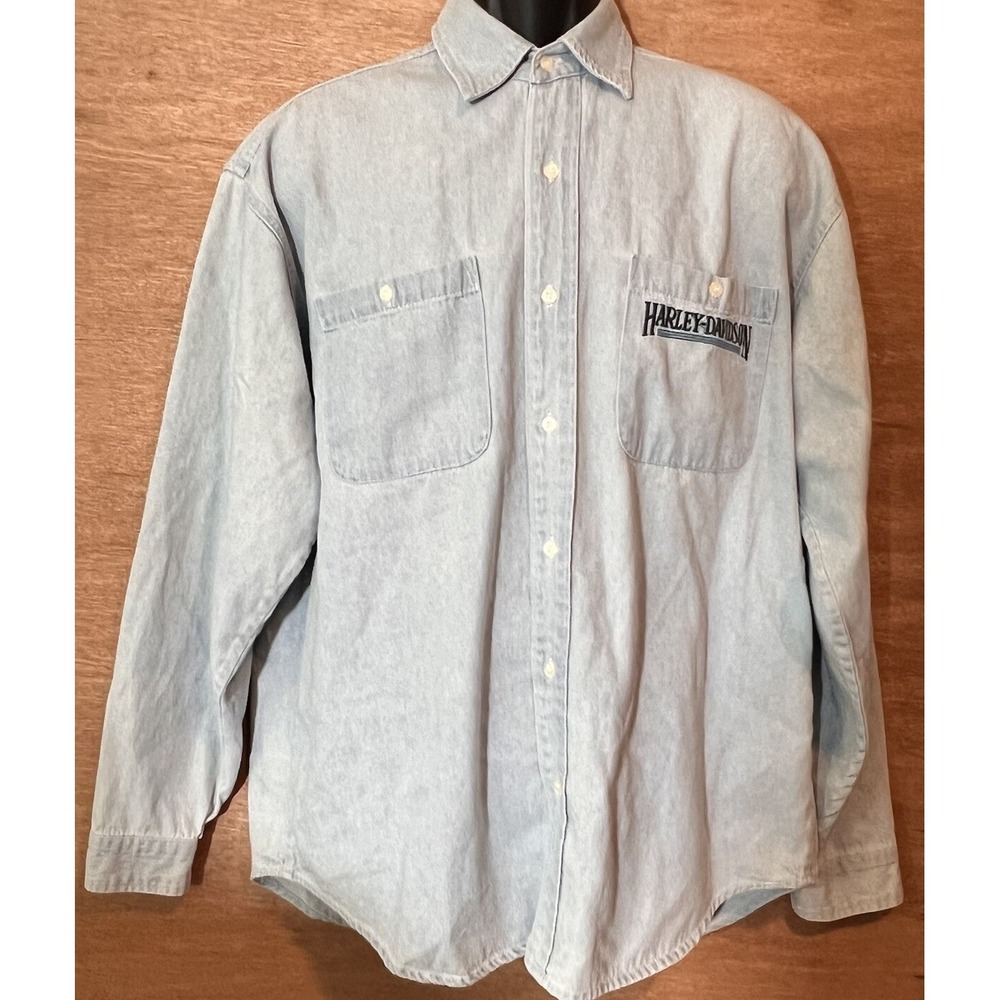 Harley-Davidson Mens Light Wash Denim Button Down Shirt Long Sleeve L Blue